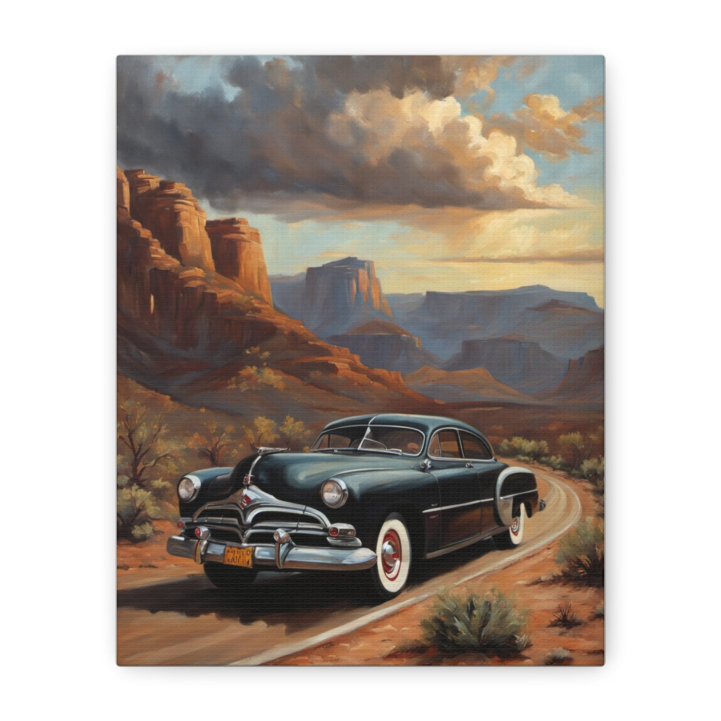 Nostalgic Car Wall Art Print featuring a classic car on a scenic desert road with mountains in the background