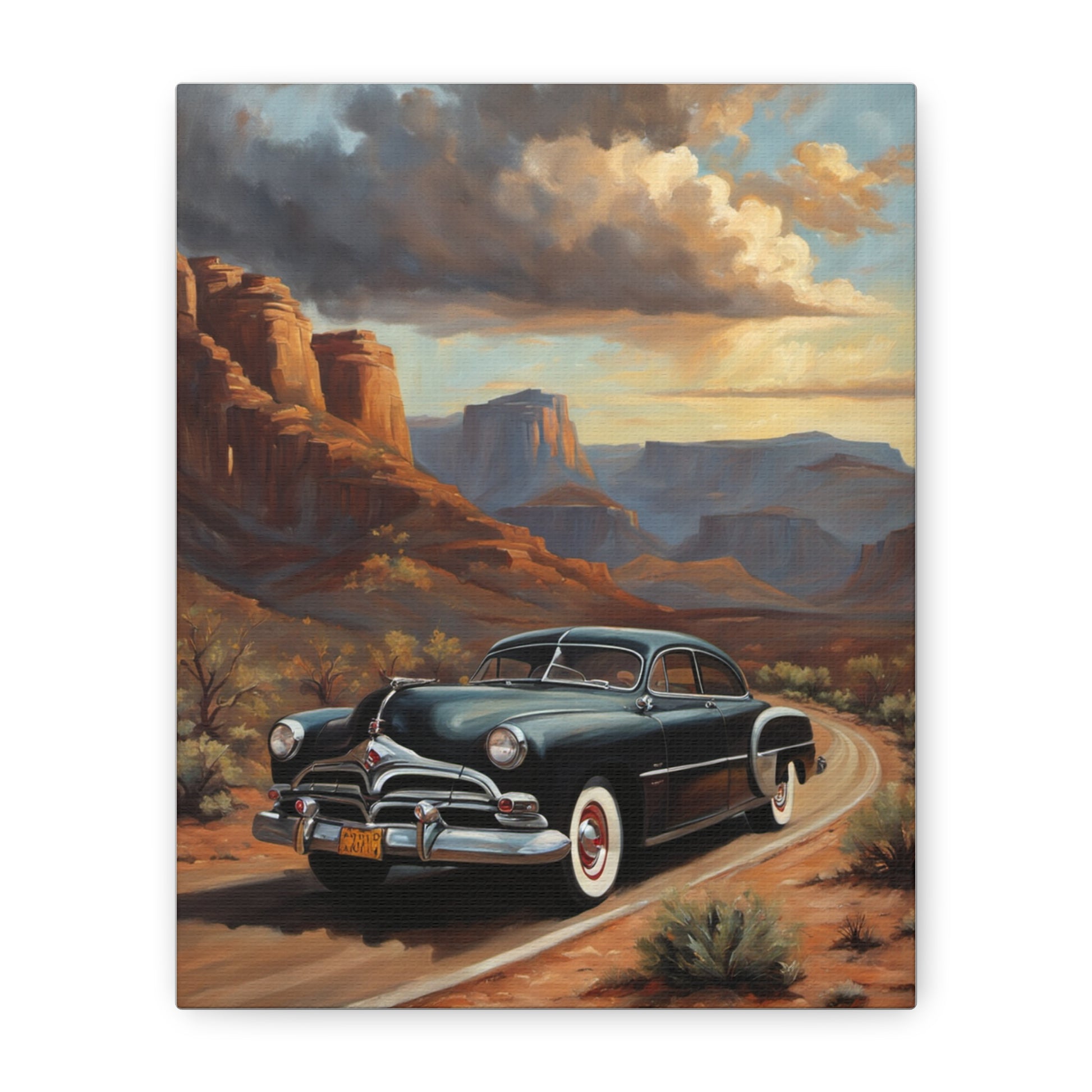 Nostalgic Car Wall Art Print featuring a classic car on a scenic desert road with mountains in the background