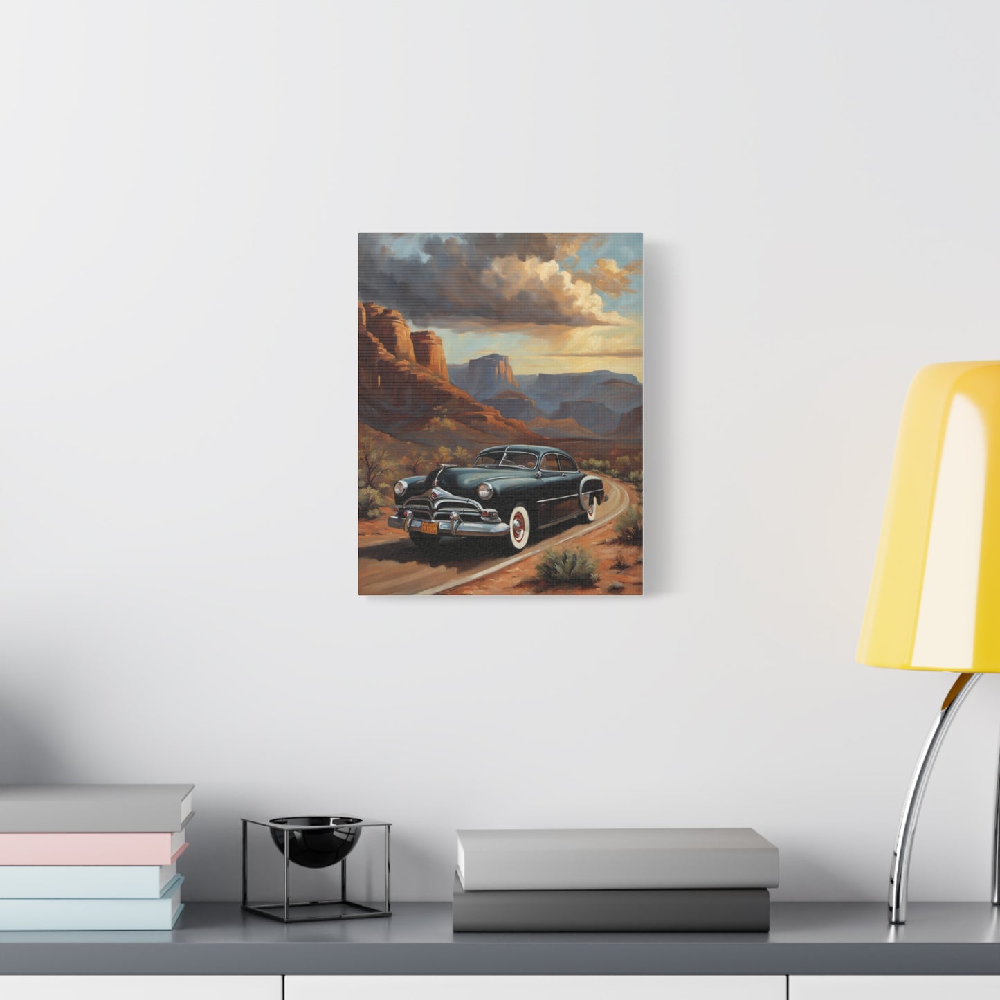 Nostalgic Car Wall Art Print featuring a classic car against a scenic landscape