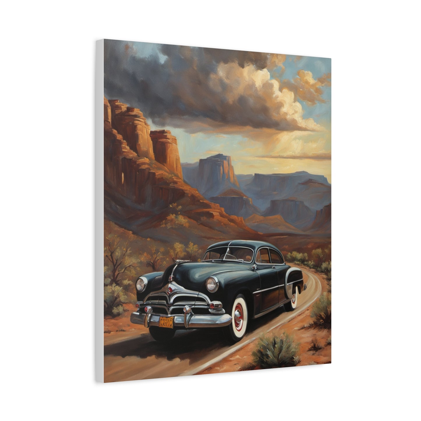 Nostalgic Car Wall Art Print featuring a retro car driving through a scenic desert landscape