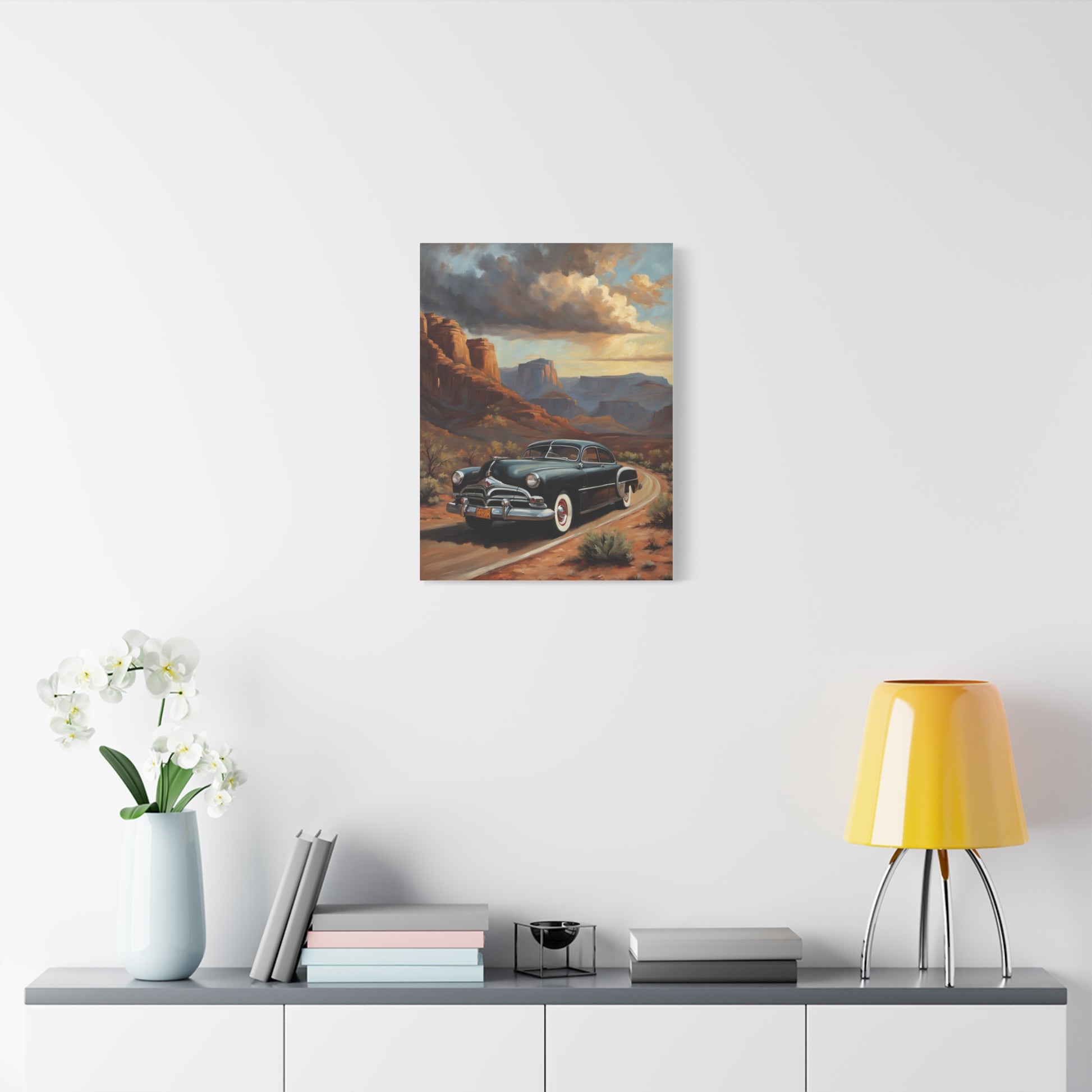 Nostalgic Car Wall Art Print featuring a classic car on a scenic road in a desert landscape