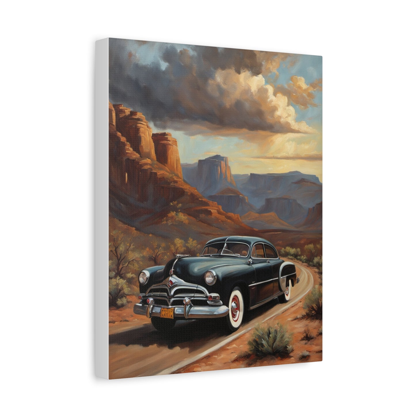 Nostalgic Car Wall Art Print featuring a vintage car in a scenic landscape