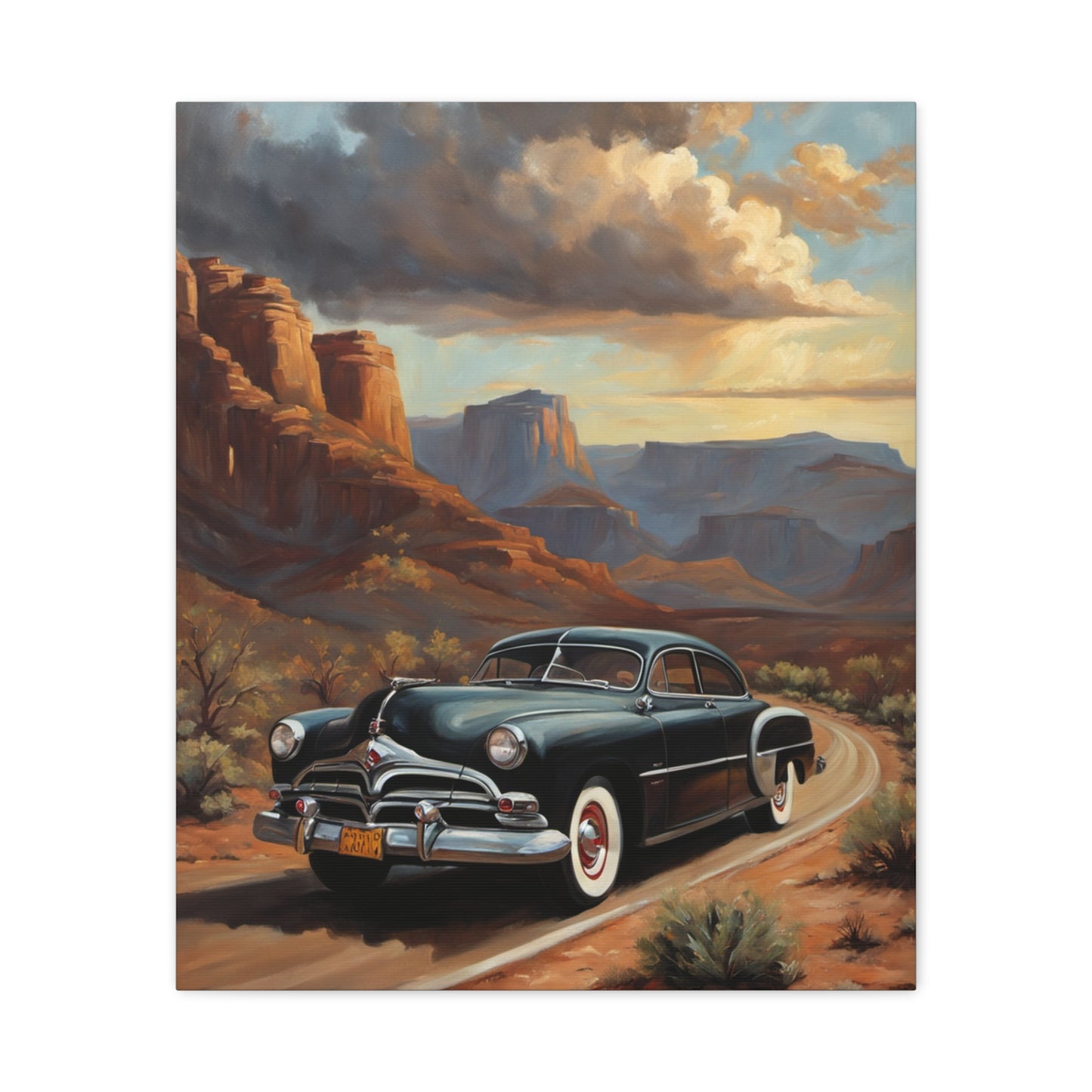 Nostalgic Car Wall Art Print featuring a classic car driving through a picturesque canyon landscape