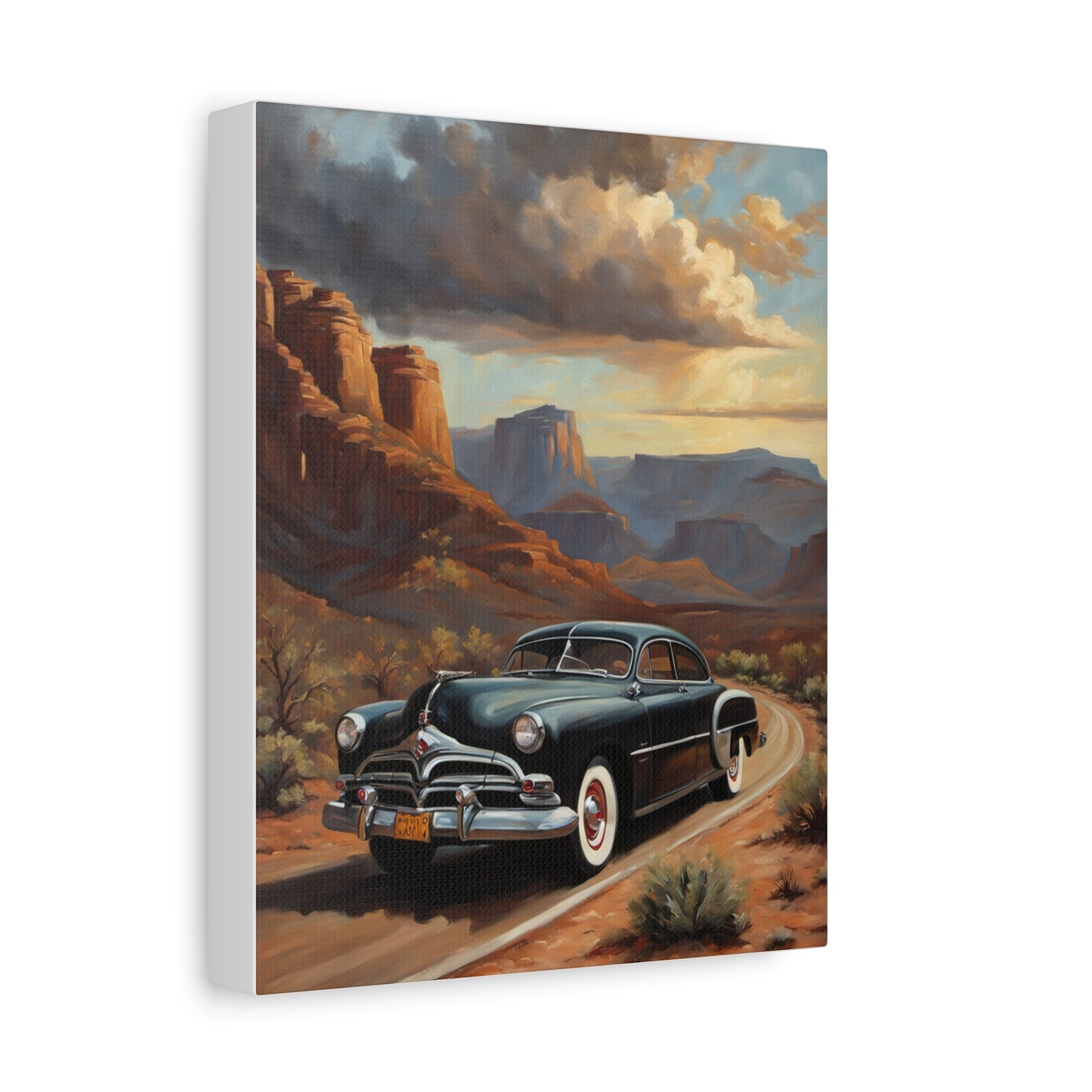 Nostalgic Car Wall Art Print featuring a old car driving through a scenic desert landscape