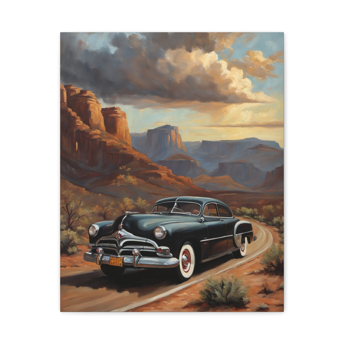 Nostalgic Car Wall Art Print featuring a classic car driving through a scenic landscape
