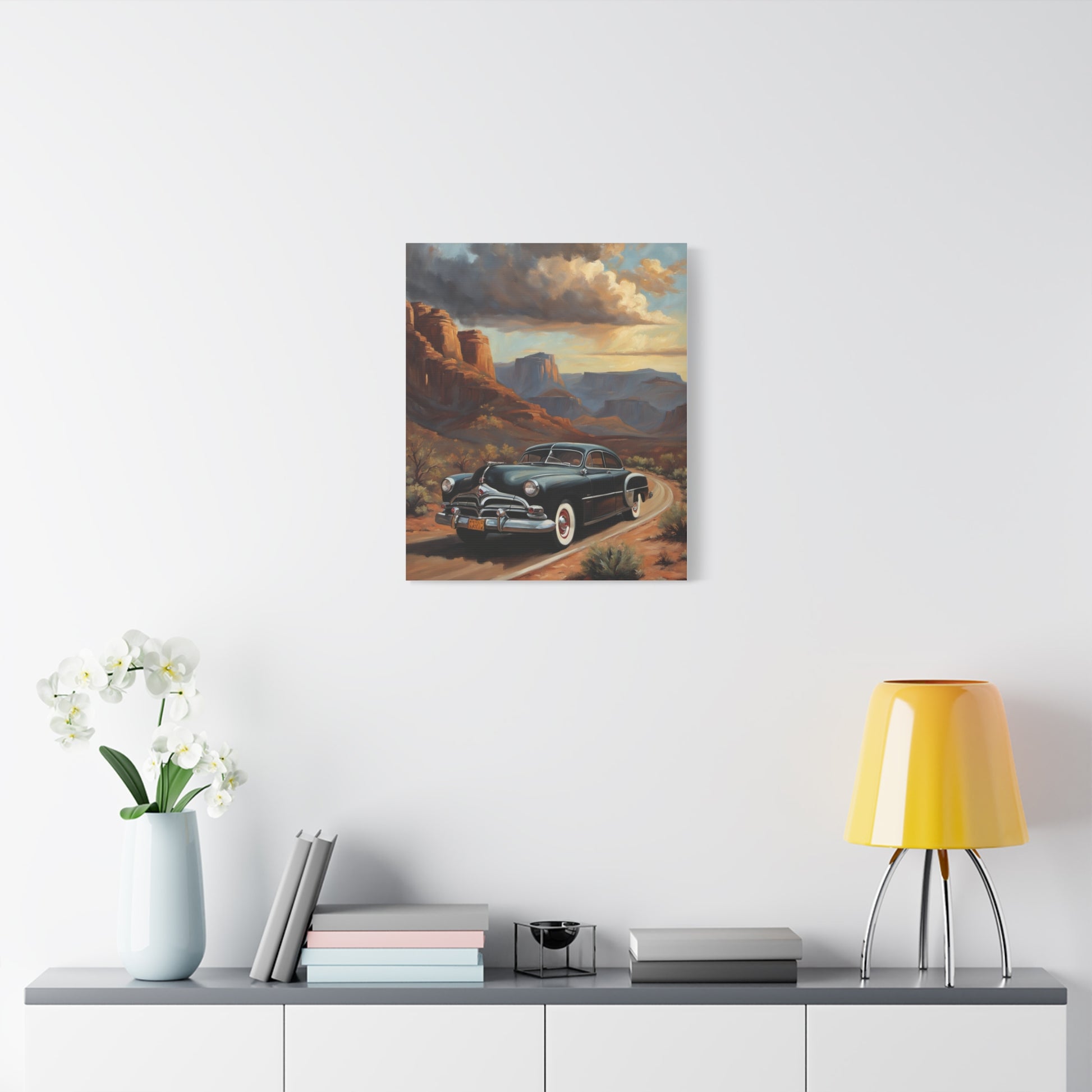 Nostalgic Car Wall Art Print featuring a vintage black car in a scenic desert landscape