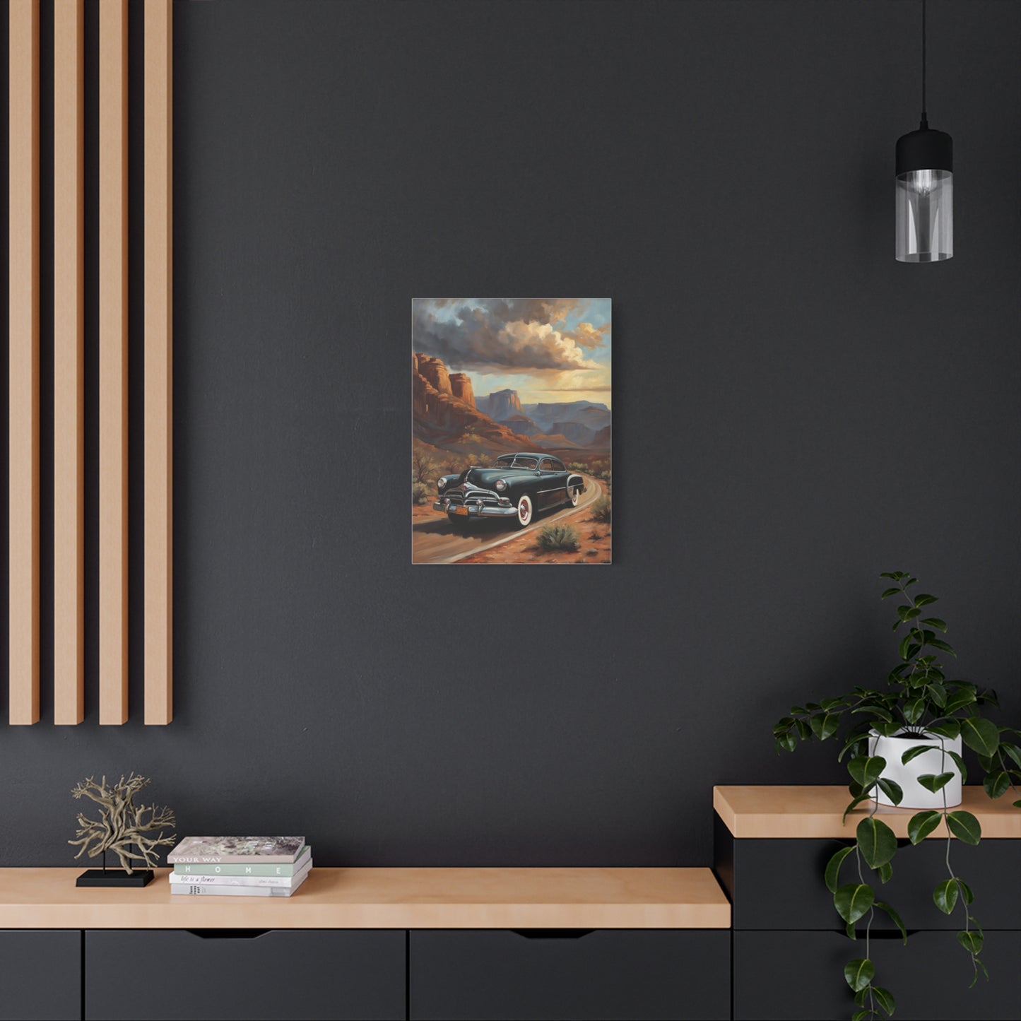 Nostalgic Car Wall Art Print featuring a classic car on a scenic desert road
