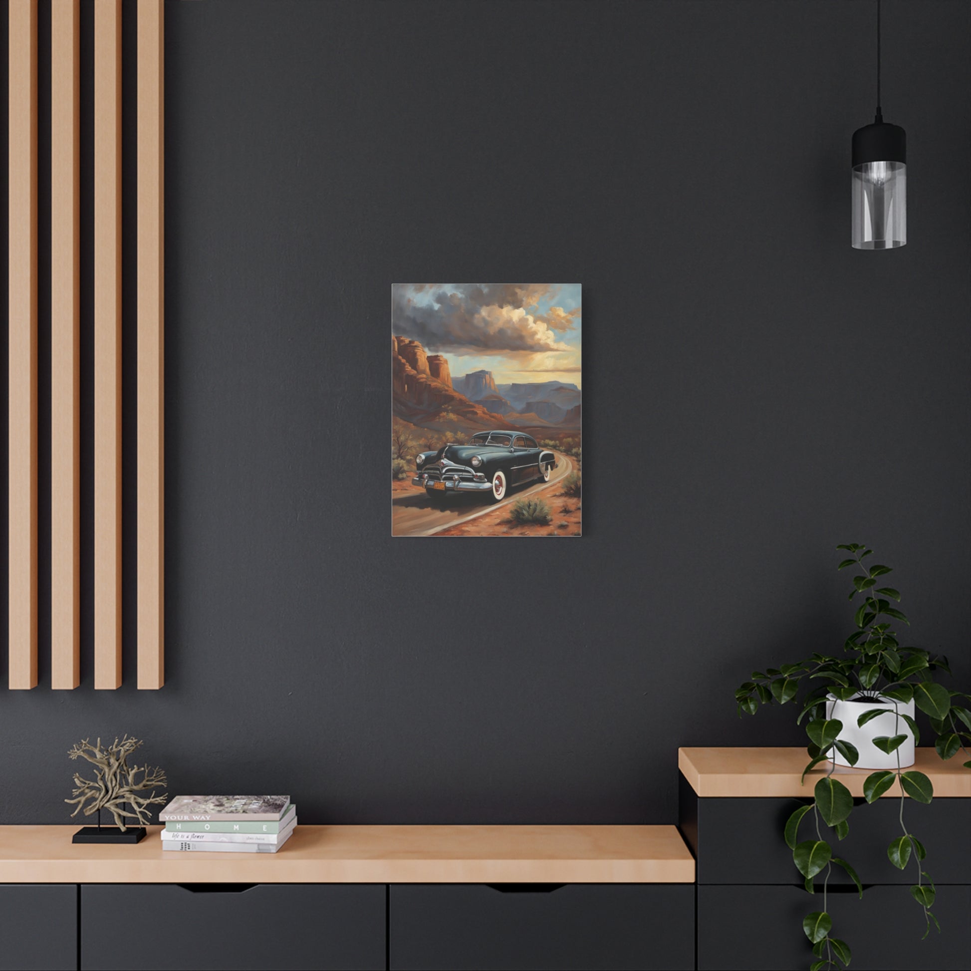 Nostalgic Car Wall Art Print featuring a classic car on a scenic desert road