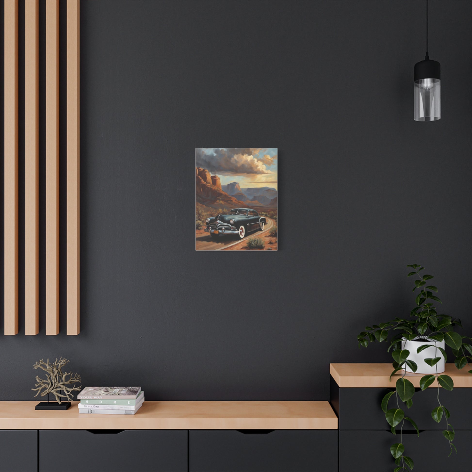 Nostalgic Car Wall Art Print featuring a classic car in a scenic desert landscape