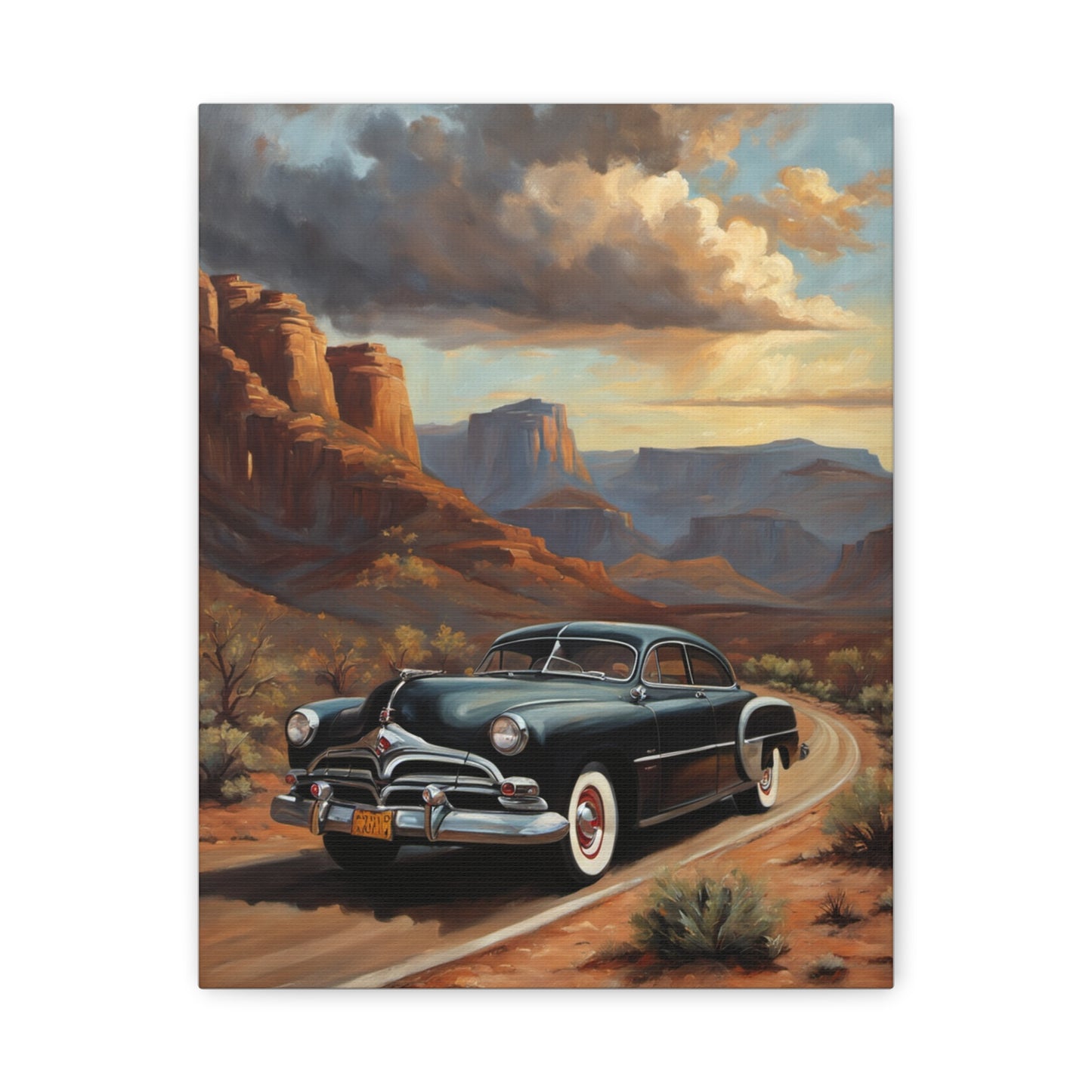 Nostalgic Car Wall Art Print featuring a car driving through a scenic desert landscape