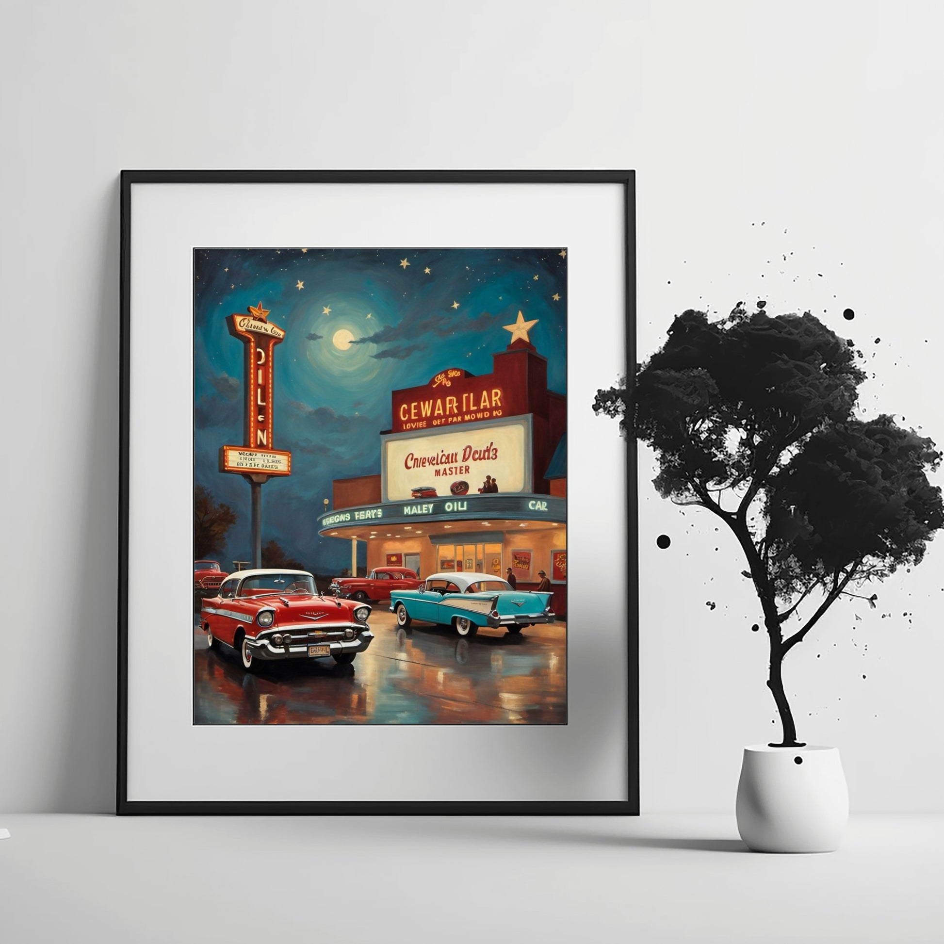 Framed nostalgic night scene artwork featuring vintage cars and a retro diner under a starry sky