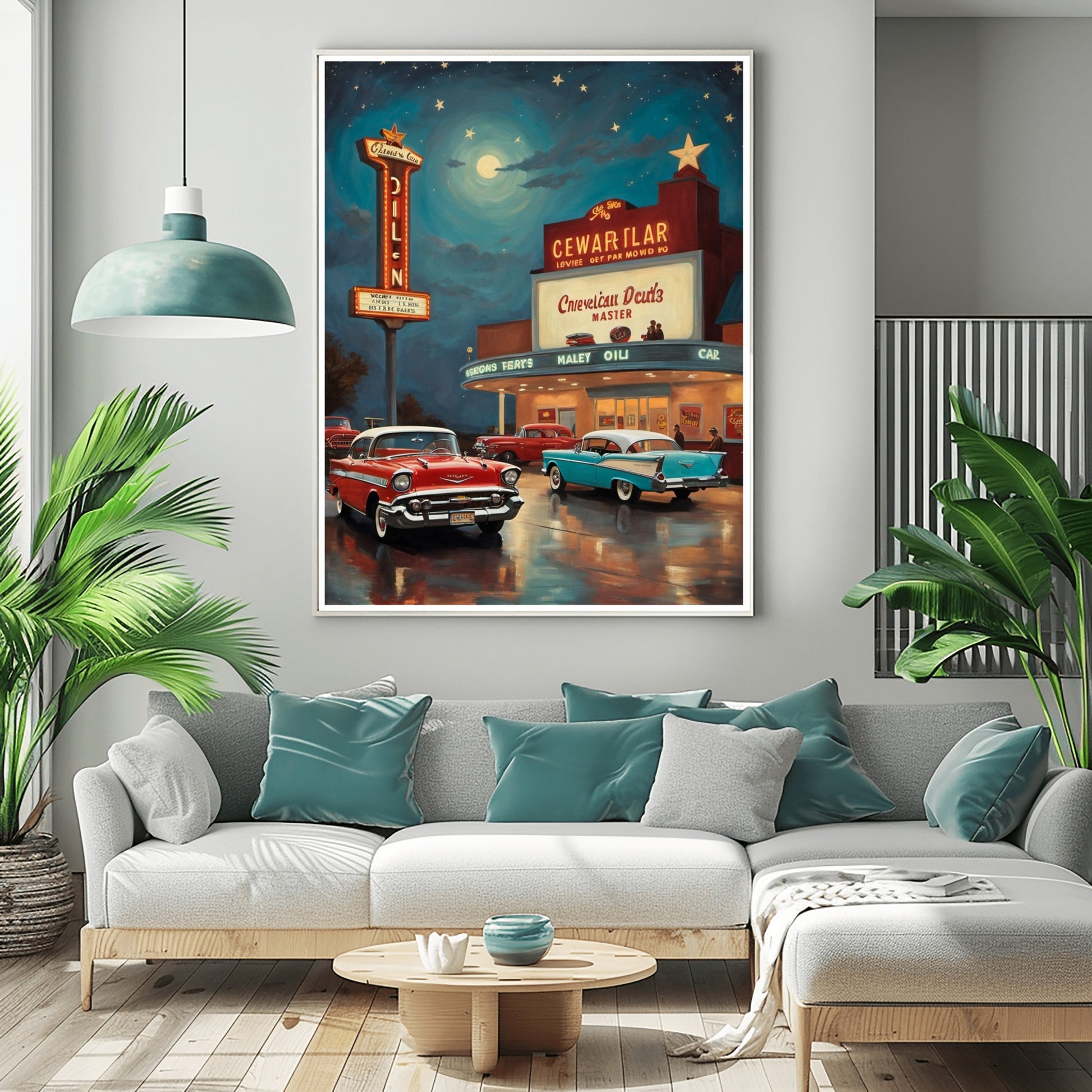 Nostalgic night scene artwork by AquilVision featuring retro cars and a vintage theater marquee