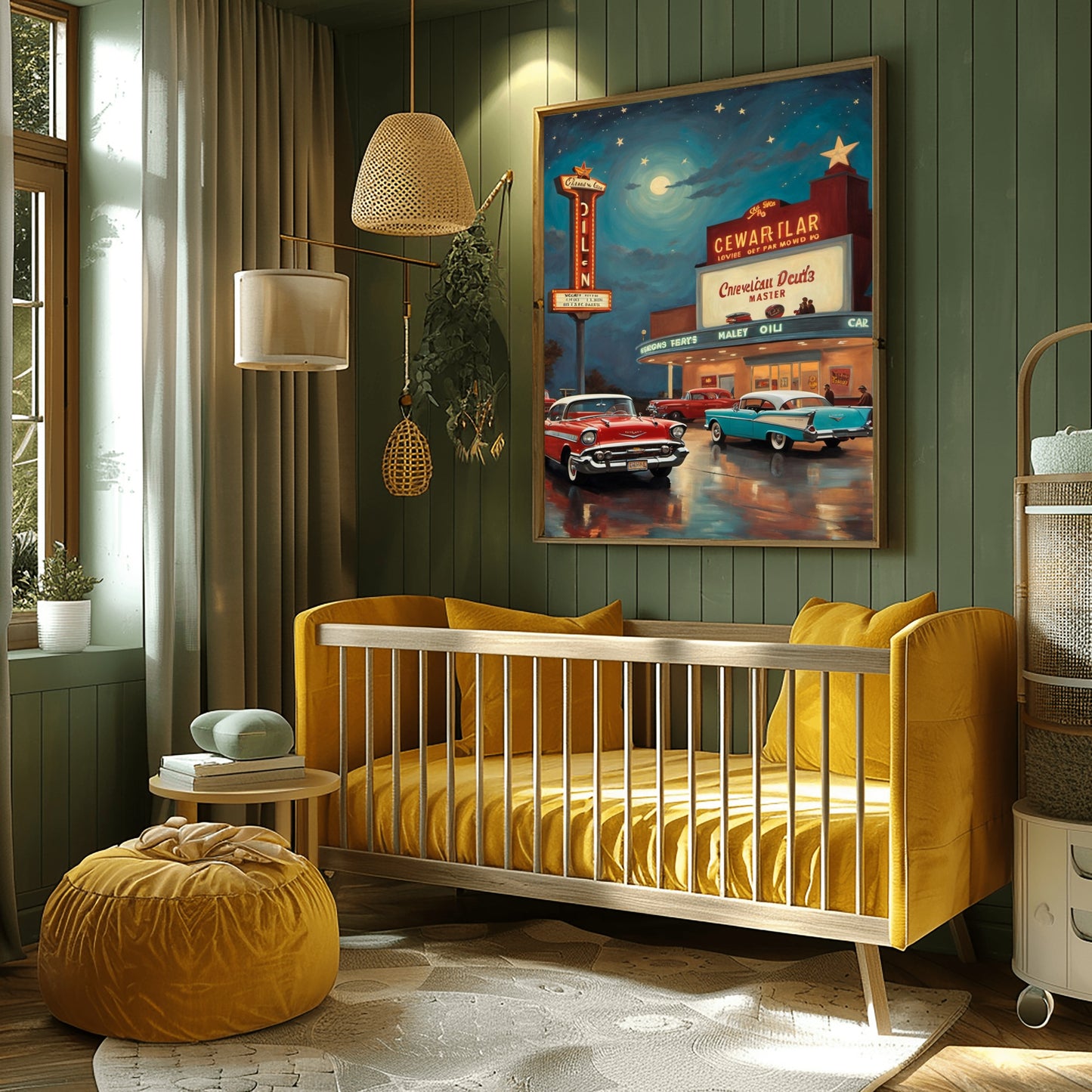 Nostalgic night scene artwork by AquilVision displayed in cozy nursery with yellow crib and green walls