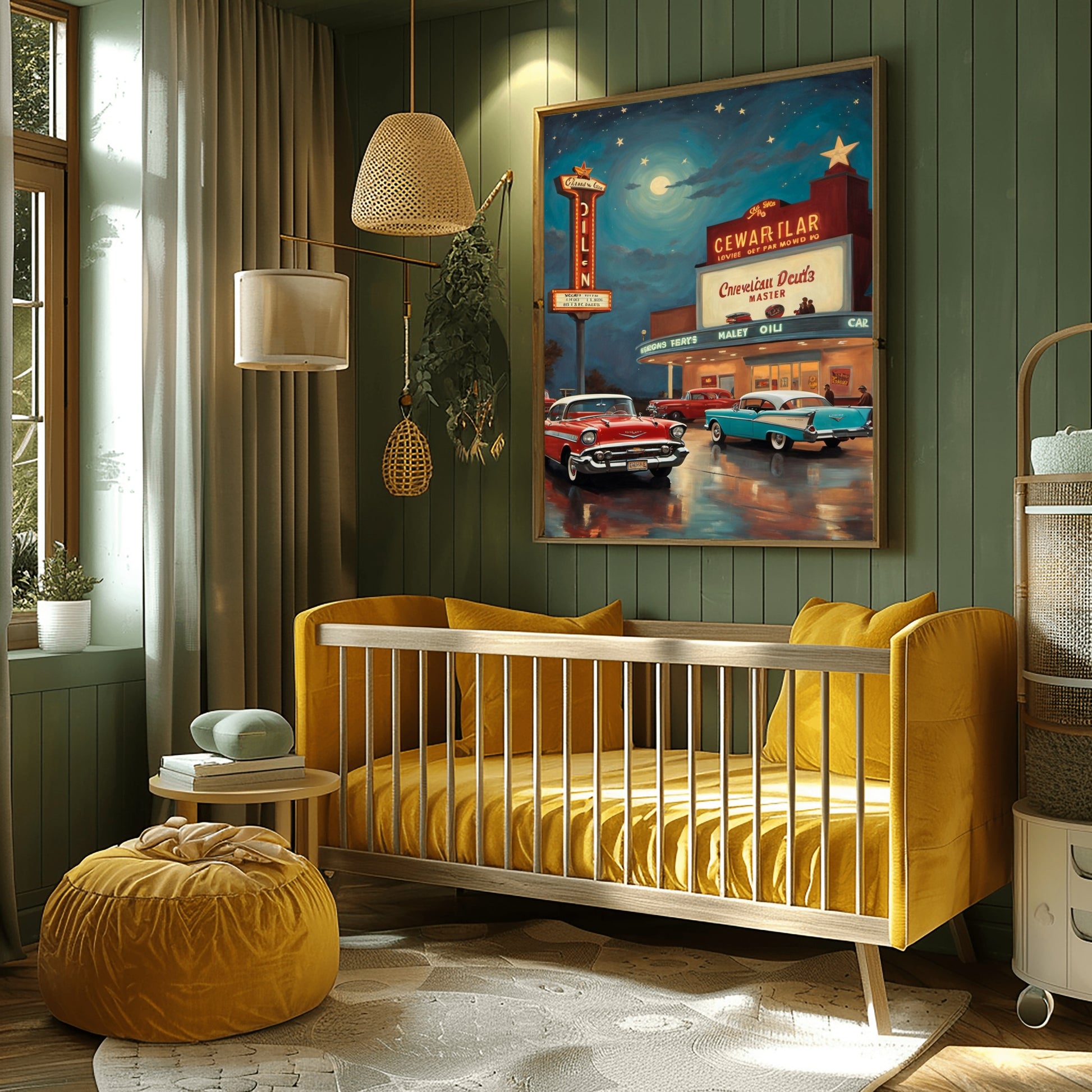 Nostalgic night scene artwork by AquilVision displayed in cozy nursery with yellow crib and green walls