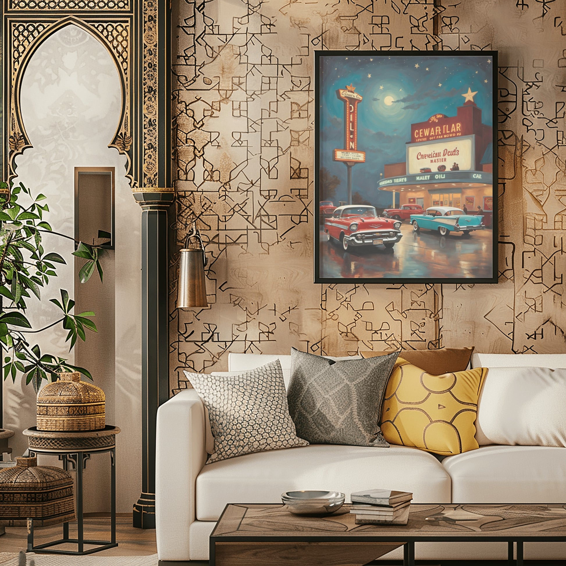Nostalgic night scene artwork by AquilVision hanging above white sofa in stylish living room
