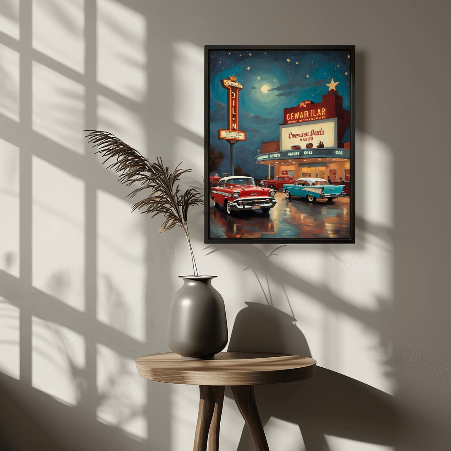 Nostalgic night scene artwork by AquilVision featuring vintage cars and retro theater marquee on wall