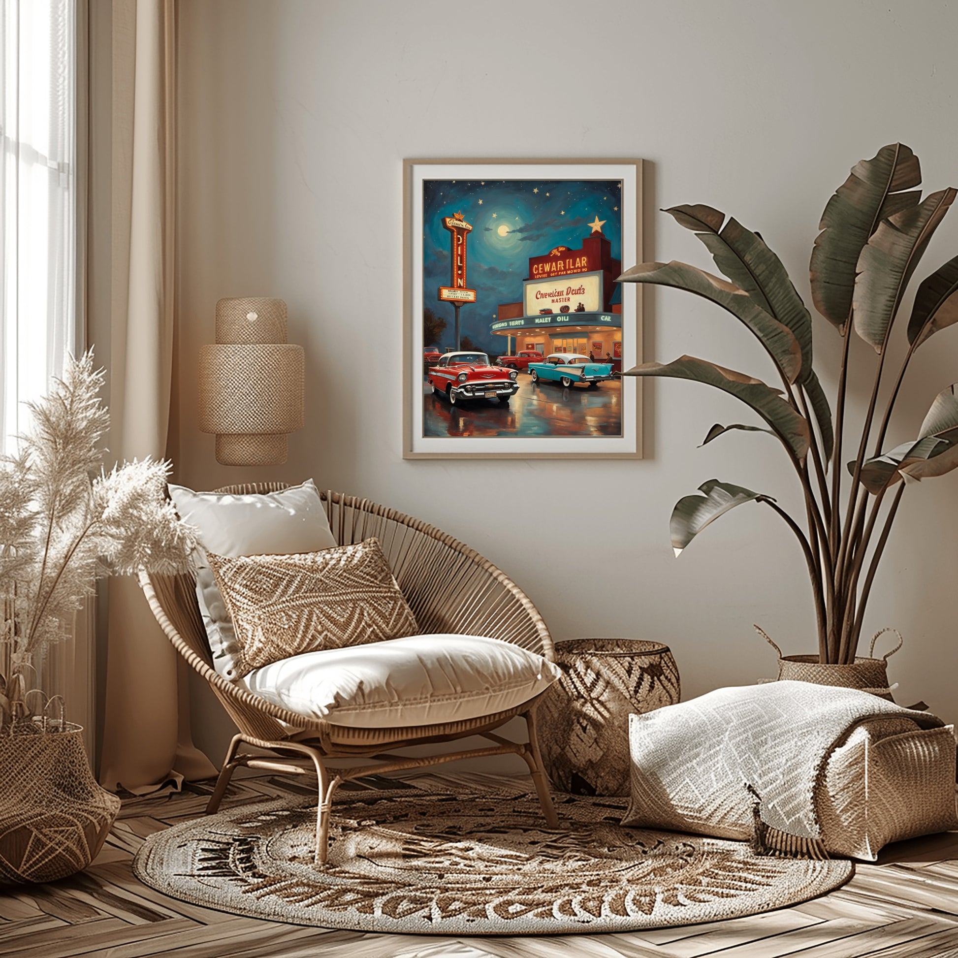 Framed nostalgic night scene artwork by AquilVision displayed in a cozy modern living room with rattan chair and plants