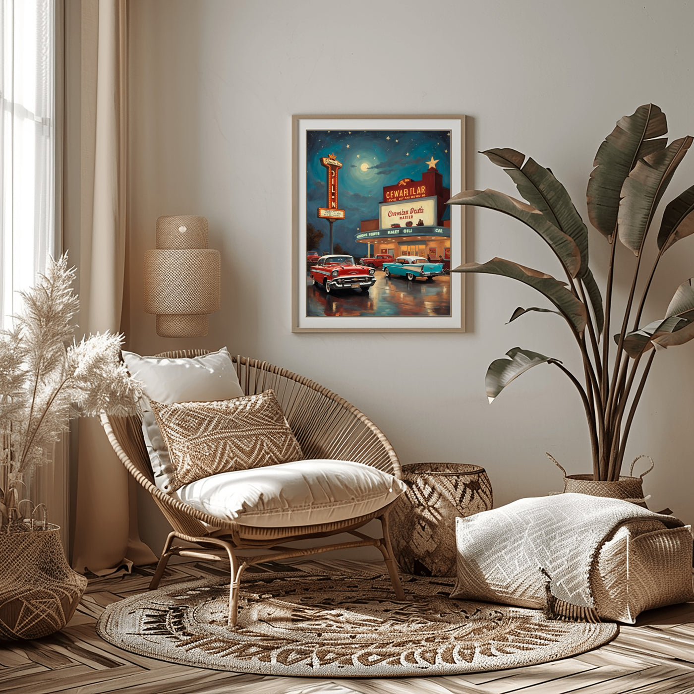 Framed nostalgic night scene artwork by AquilVision displayed in a cozy modern living room with rattan chair and plants