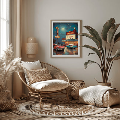 Framed nostalgic night scene artwork by AquilVision displayed in a cozy modern living room with rattan chair and plants