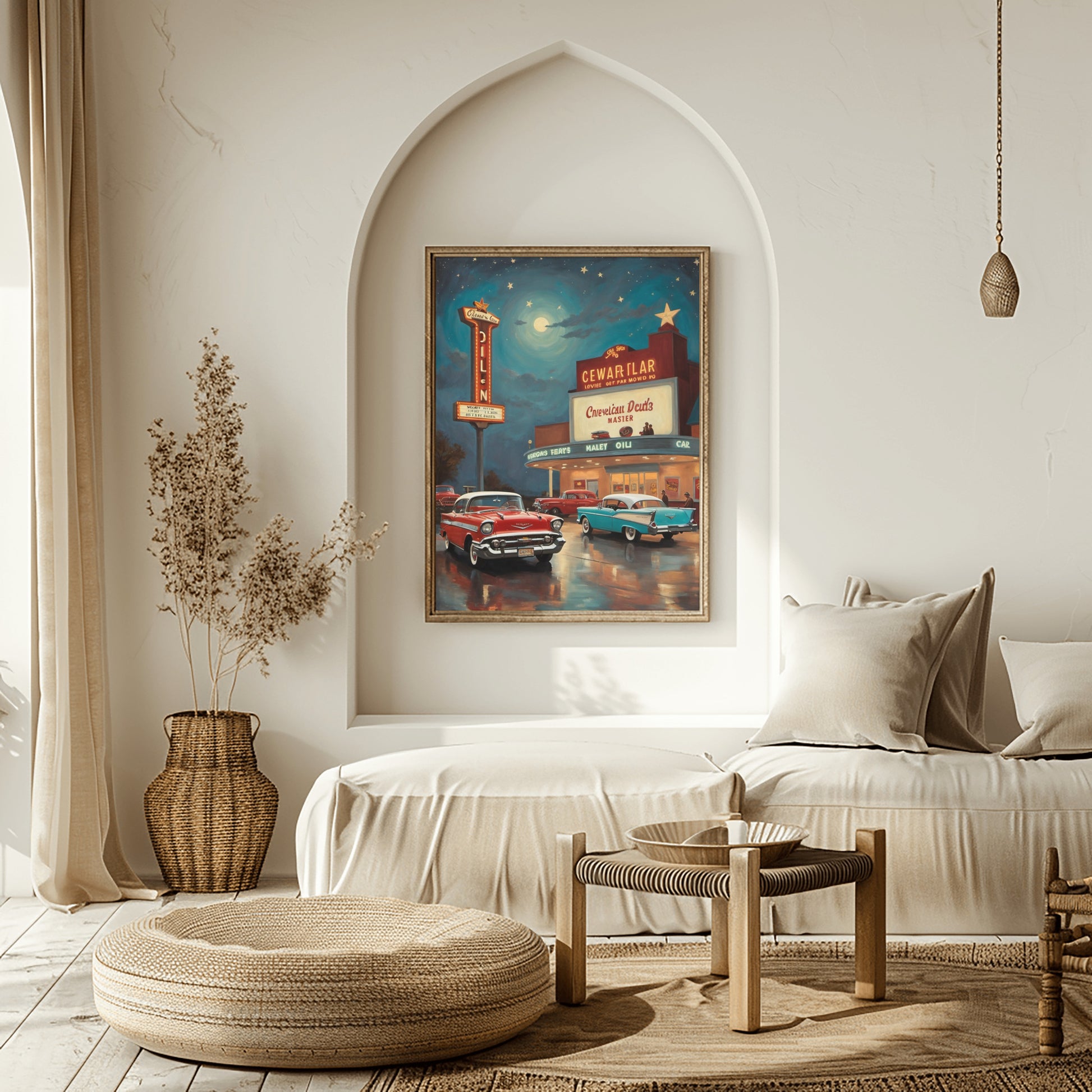 Nostalgic night scene artwork by AquilVision featuring vintage cars and retro diner in cozy modern living room