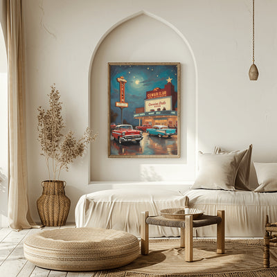 Nostalgic night scene artwork by AquilVision featuring vintage cars and retro diner in cozy modern living room