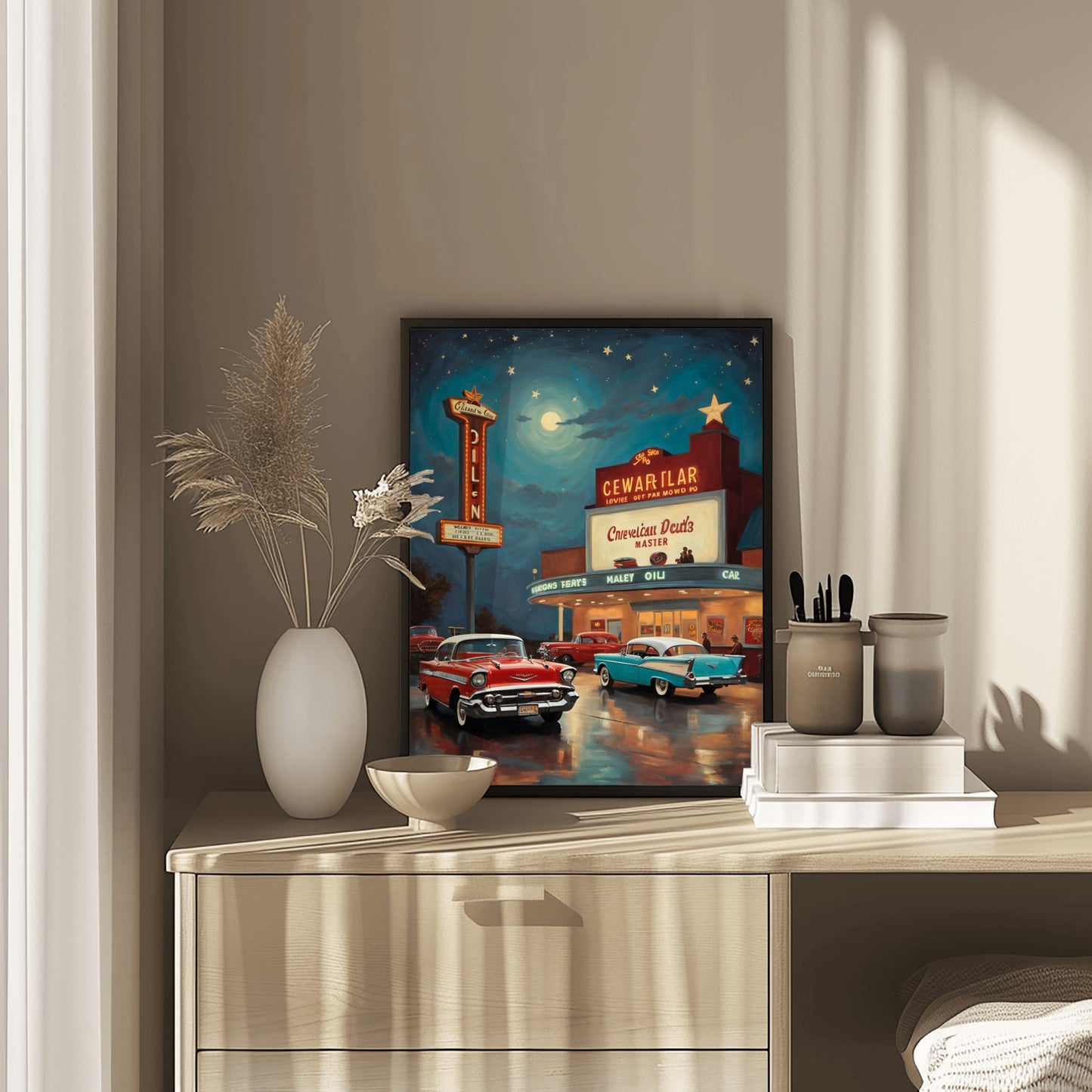 AquilVision nostalgic night scene artwork featuring vintage cars and retro theater marquee in a framed print on a beige dresser