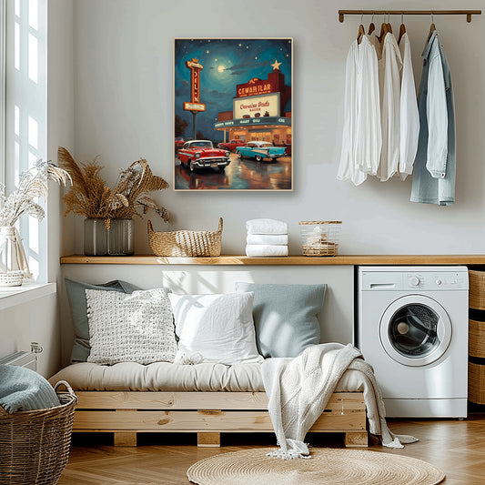 AquilVision nostalgic night scene artwork featuring vintage cars and a retro diner displayed in a modern laundry room