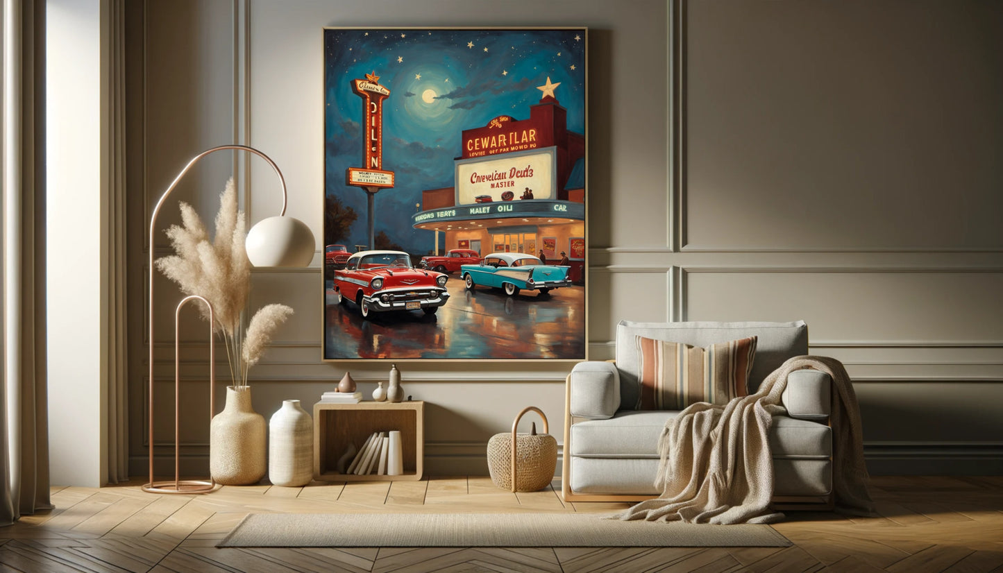 Nostalgic night scene artwork by AquilVision featuring classic cars and a glowing diner sign in a cozy living room