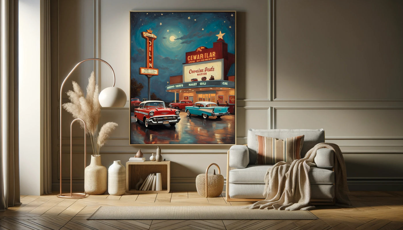 Nostalgic night scene artwork by AquilVision featuring classic cars and a glowing diner sign in a cozy living room
