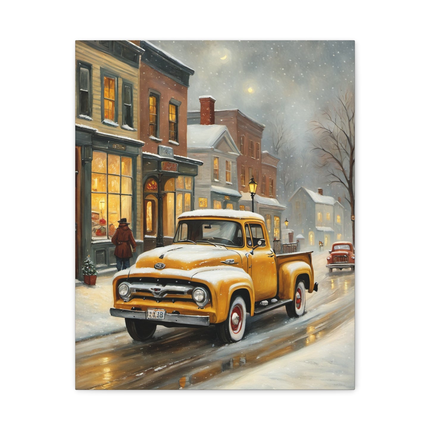 Nostalgic Truck Canvas Art featuring a vintage yellow truck on a snow-covered street