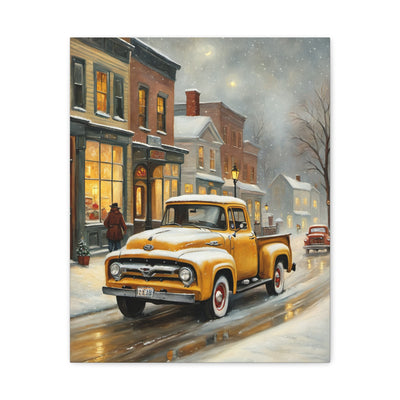 Nostalgic Truck Canvas Art featuring a vintage yellow truck on a snow-covered street