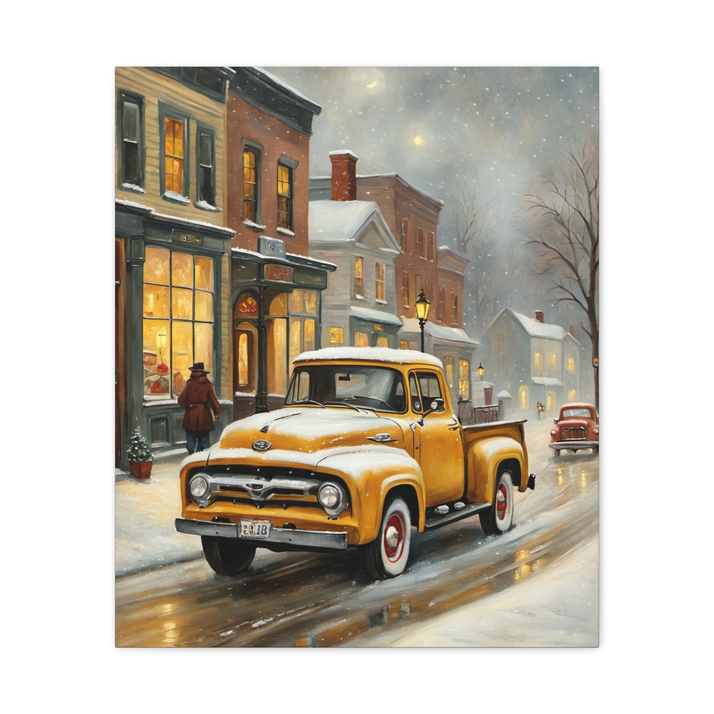 Nostalgic Truck Canvas Art depicting a snowy street scene with vintage trucks and charming buildings