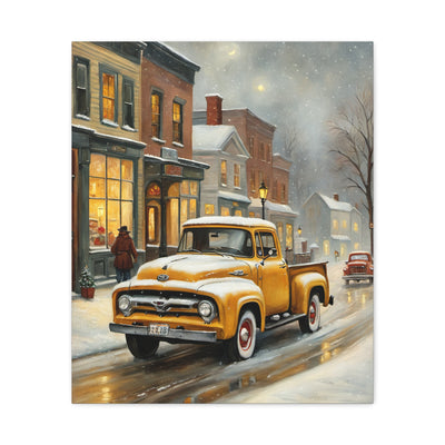 Nostalgic Truck Canvas Art depicting a snowy street scene with vintage trucks and charming buildings