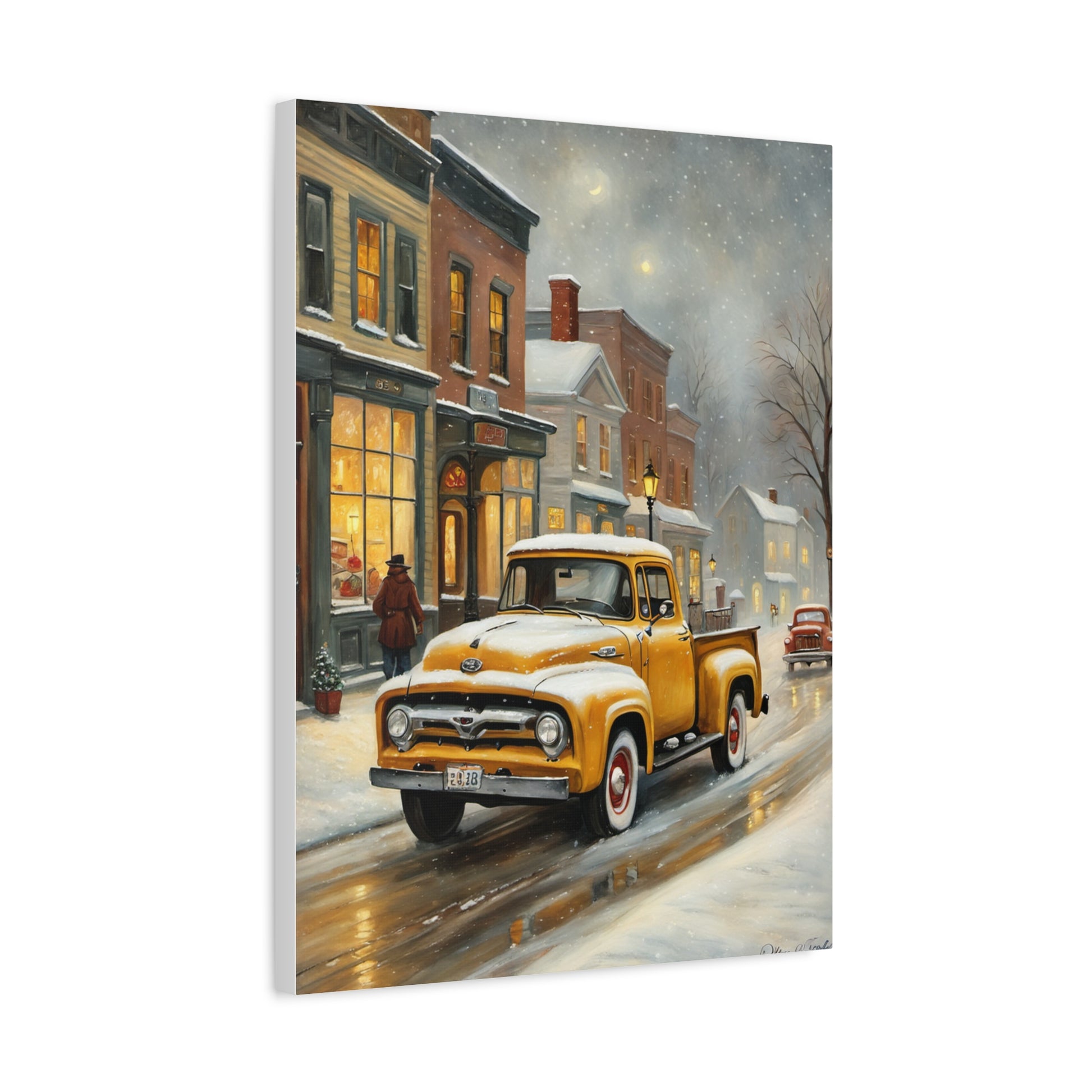 Nostalgic Truck Canvas Art featuring a vintage yellow truck on a snowy street scene