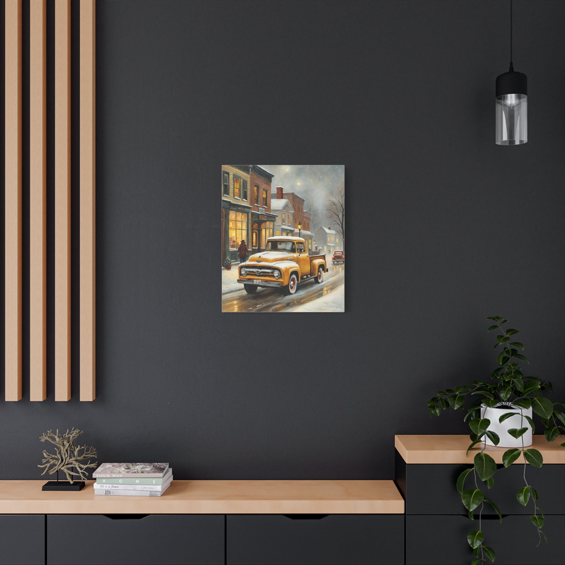 Nostalgic Truck Canvas Art depicting a vintage truck on a snowy street for a charming home decor