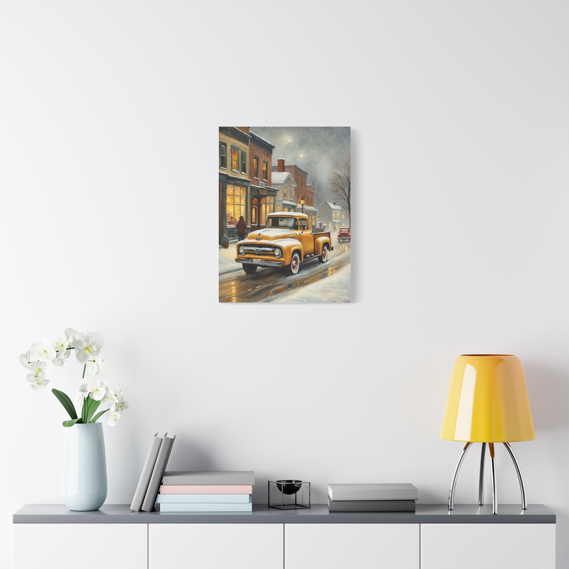 Nostalgic Truck Canvas Art featuring a classic truck on a snowy street in a charming winter scene