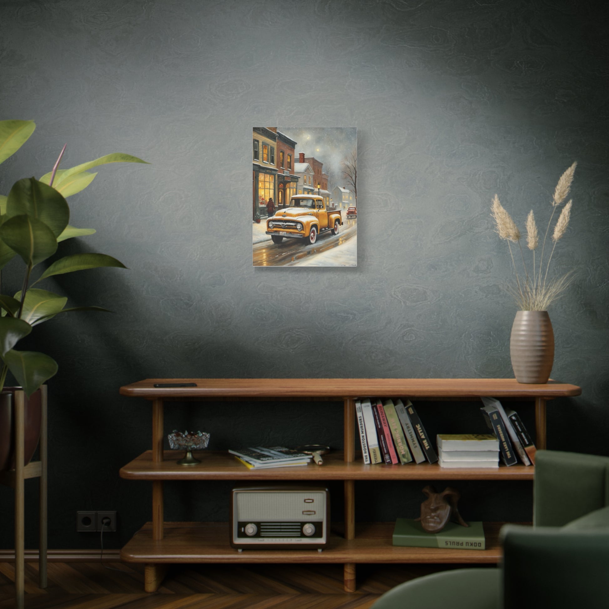 Nostalgic Truck Canvas Art featuring a nostalgic truck on a snowy street scene