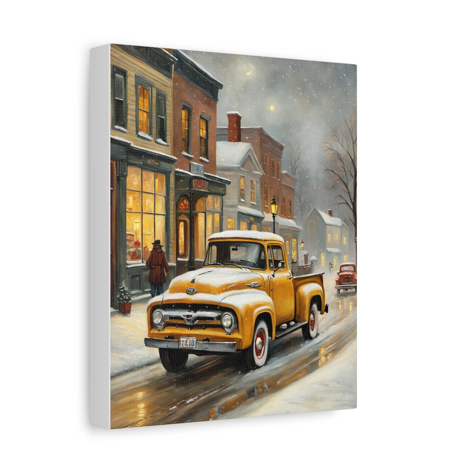 Nostalgic Truck Canvas Art featuring a vintage truck in a snowy town scene with charming buildings