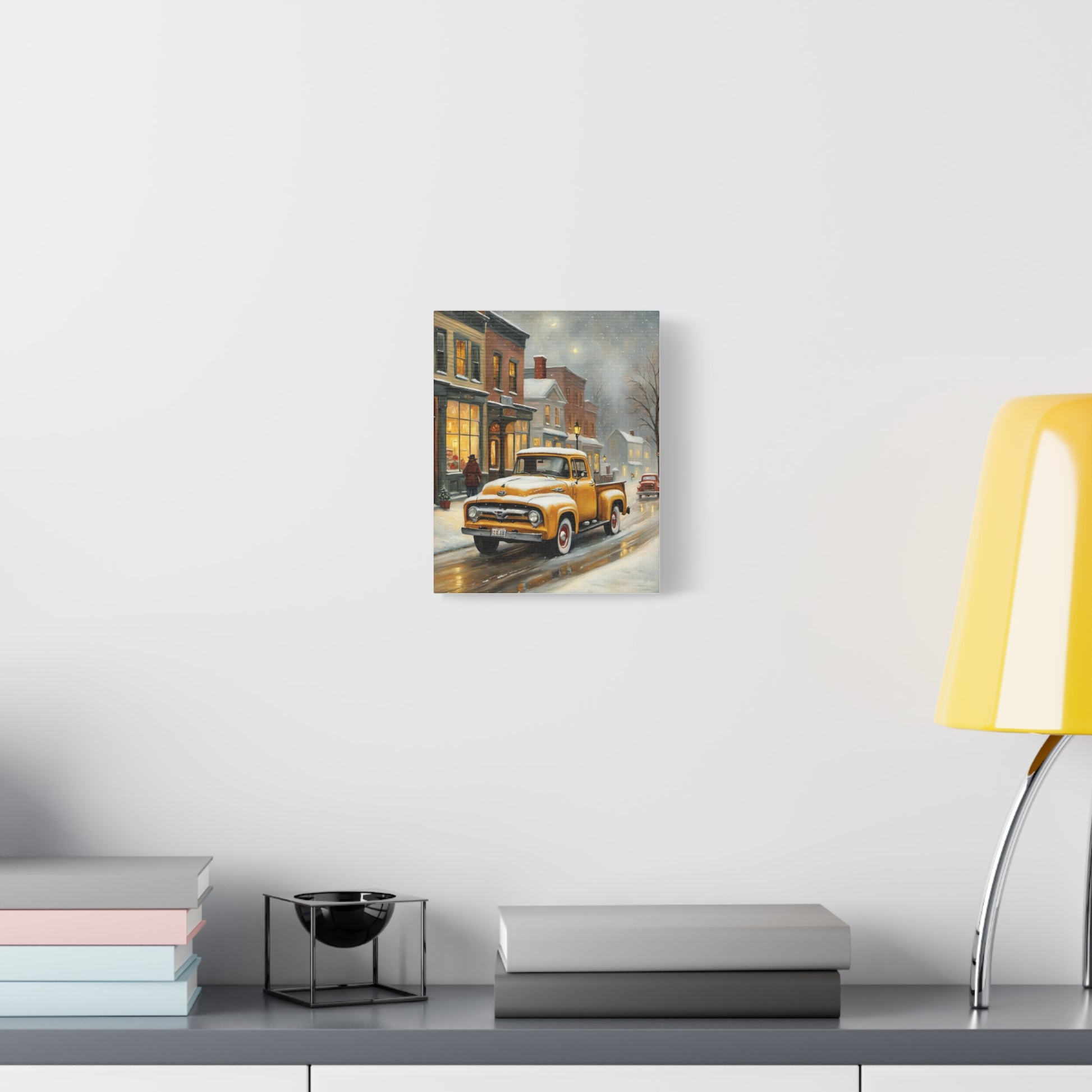 Nostalgic Truck Canvas Art featuring a winter scene with vintage trucks and charming houses