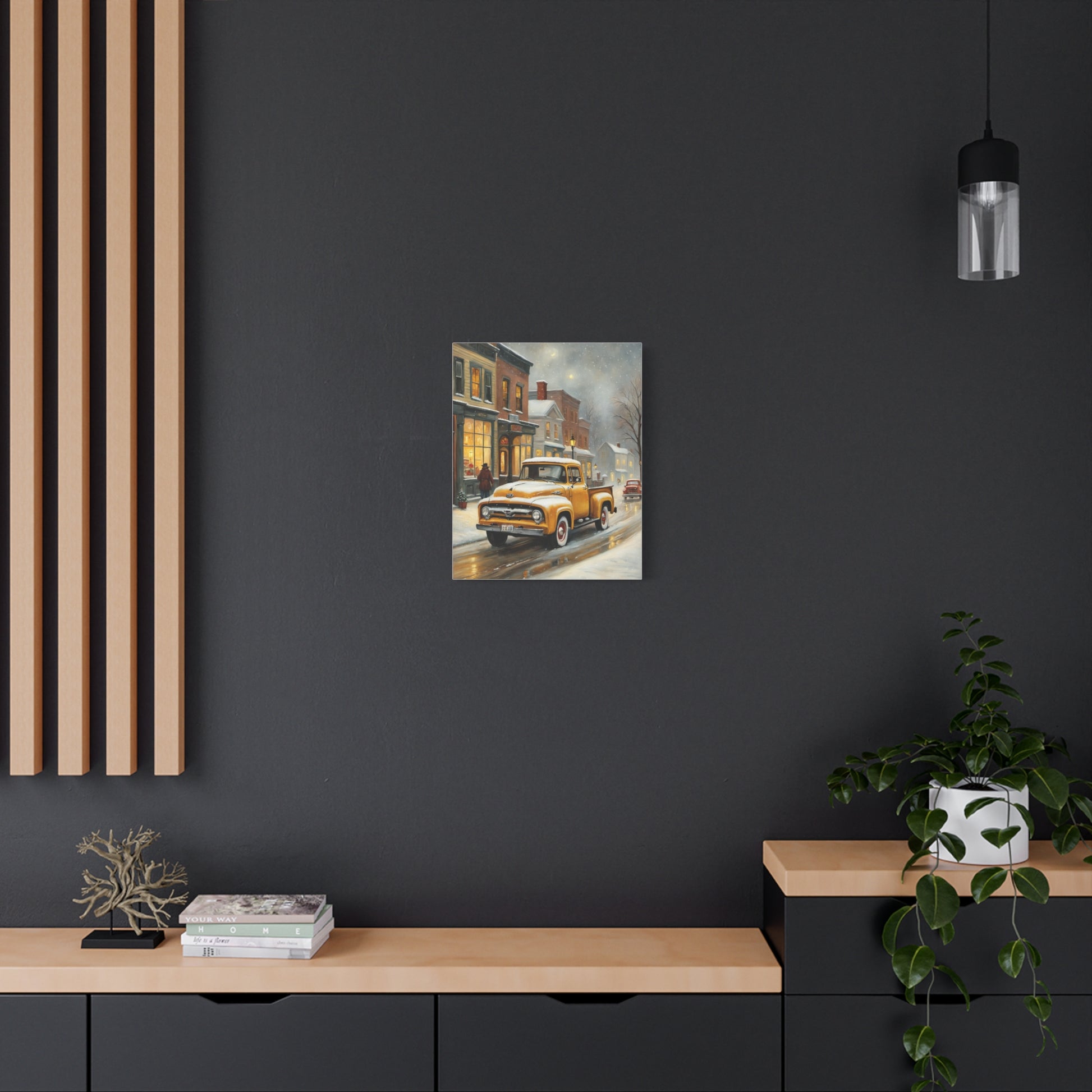 Nostalgic Truck Canvas Art featuring a vintage truck parked along a snowy street in winter scenery