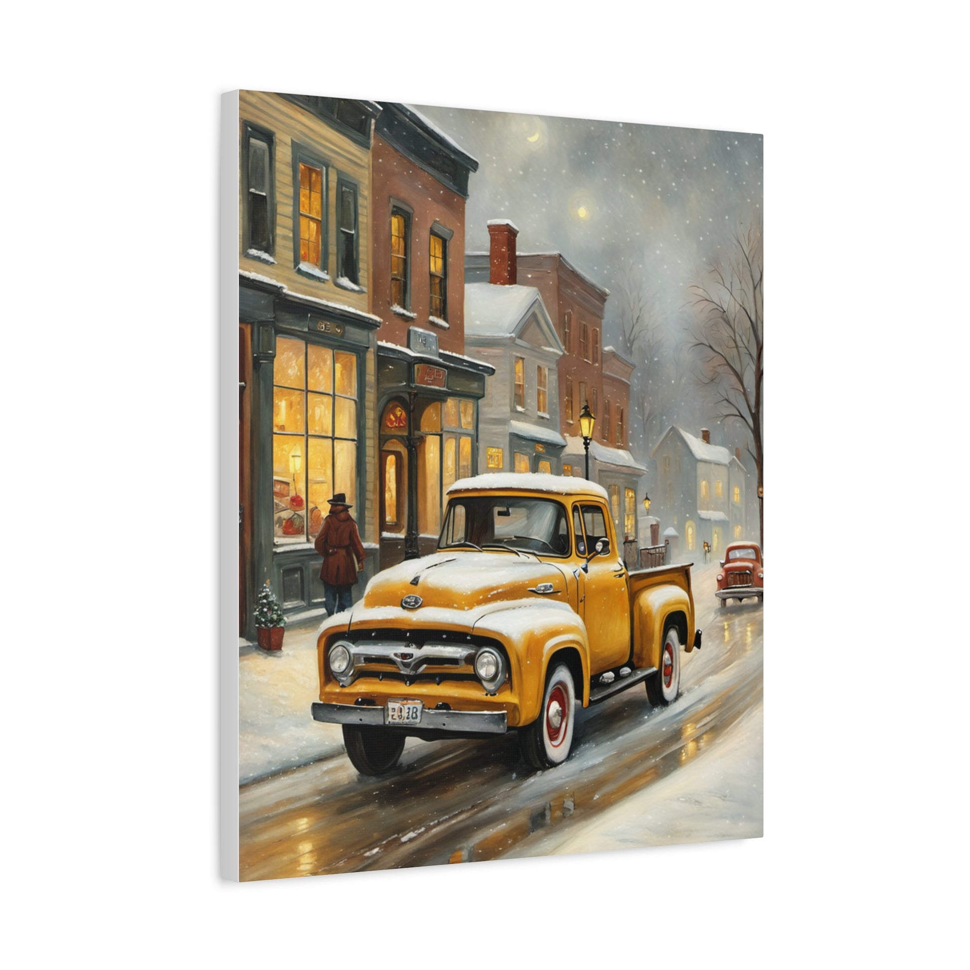 Nostalgic Truck Canvas Art featuring a yellow vintage truck in a snowy street scene