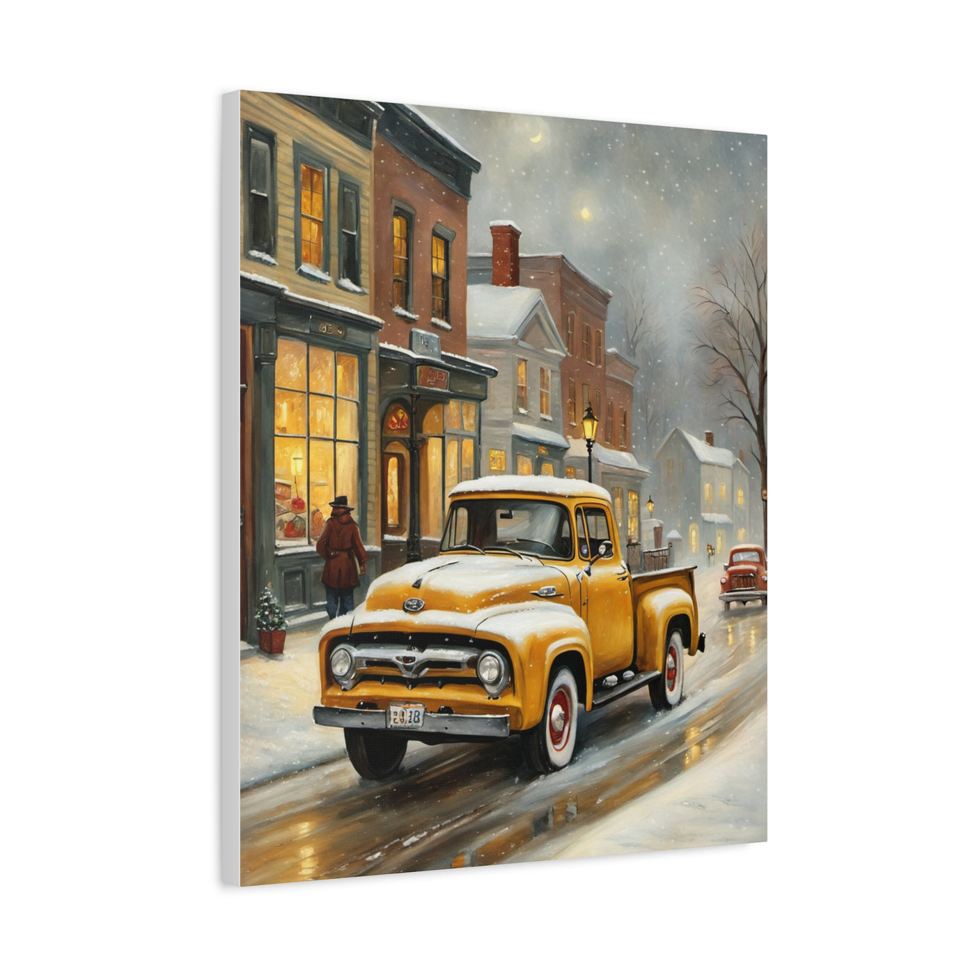 Nostalgic Truck Canvas Art featuring a yellow vintage truck in a snowy street scene