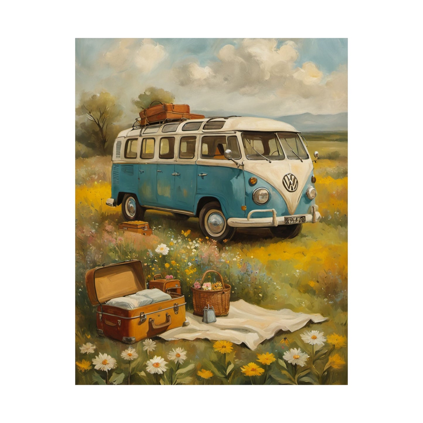 Nostalgic Van Matte Vertical Posters featuring a vintage blue VW bus in a scenic flower field