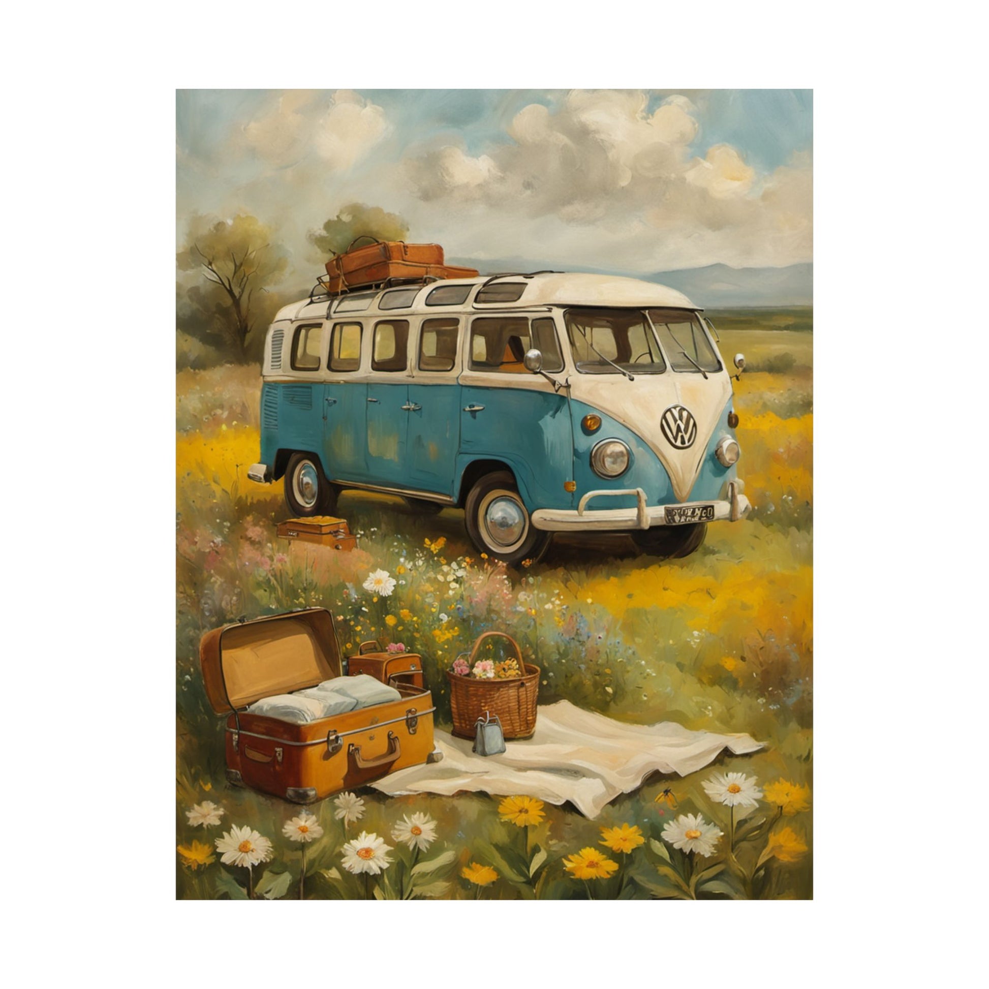 Nostalgic Van Matte Vertical Posters featuring a vintage blue VW bus in a scenic flower field