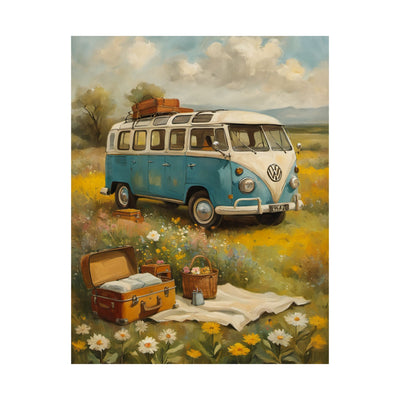 Nostalgic Van Matte Vertical Posters featuring a vintage blue VW bus in a scenic flower field