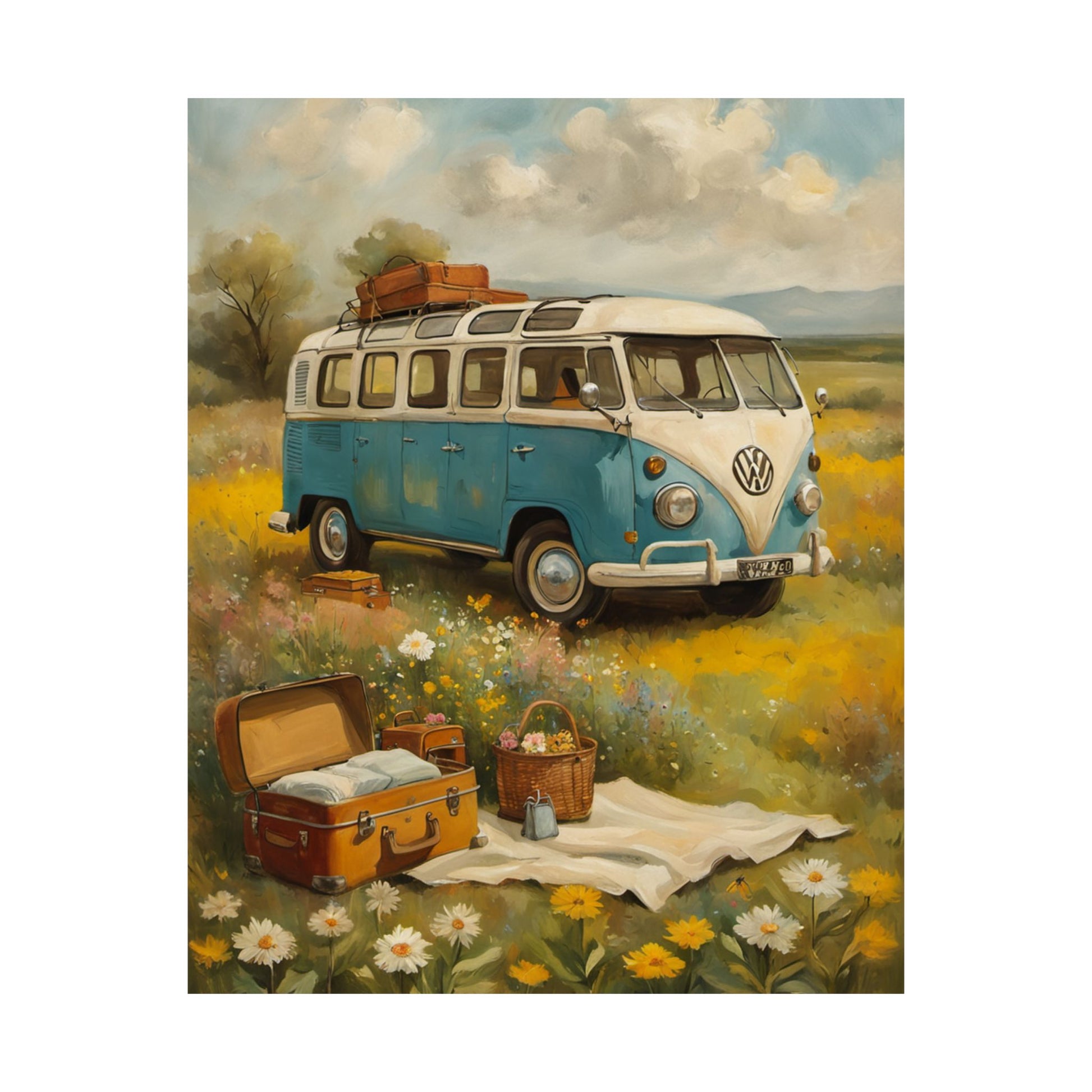 Nostalgic Van Matte Vertical Posters featuring a blue vintage van in a picturesque meadow