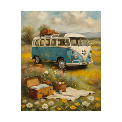 Nostalgic Van Matte Vertical Posters featuring a blue vintage van in a picturesque meadow