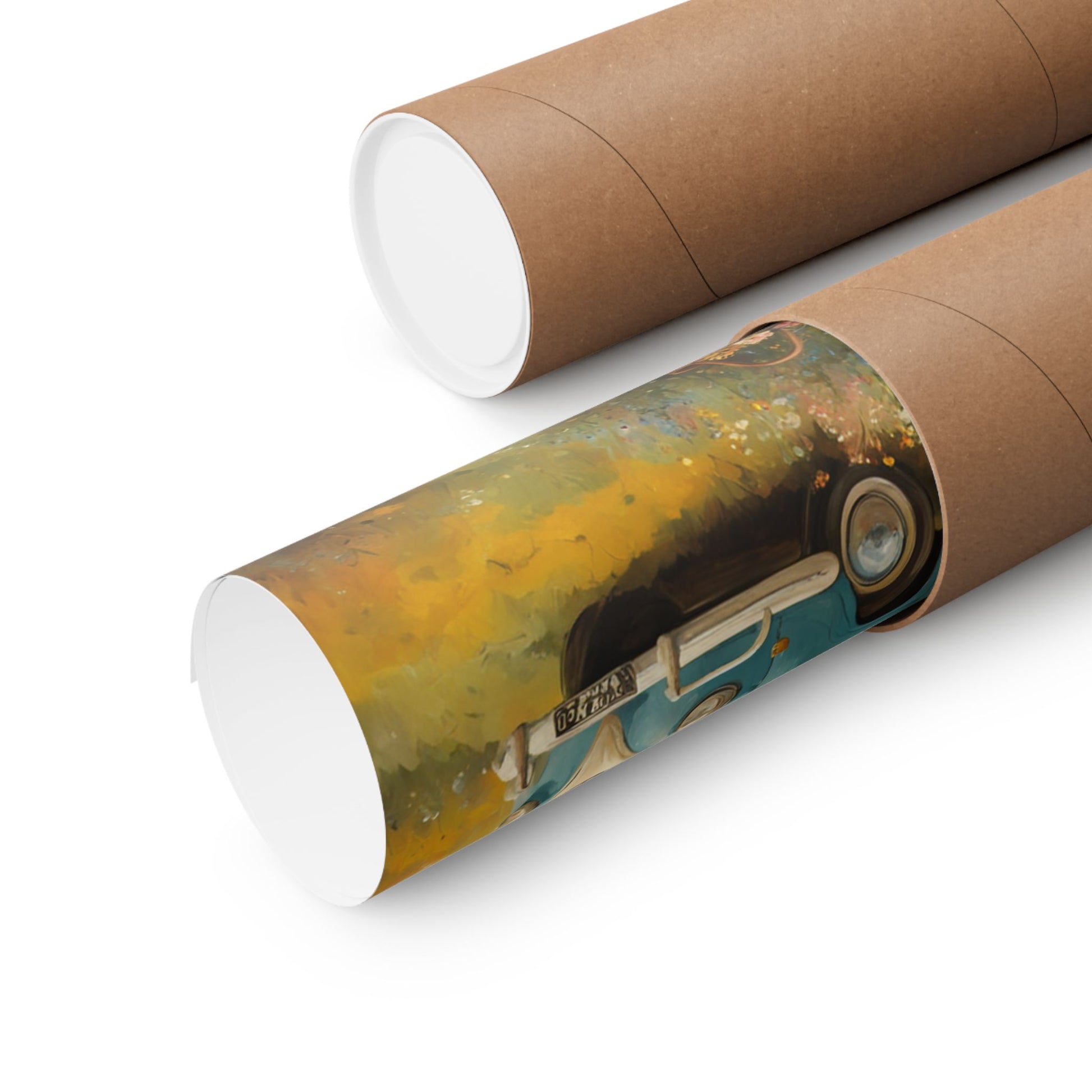 Nostalgic Van Matte Vertical Posters rolled in a protective tube, showcasing vibrant artwork