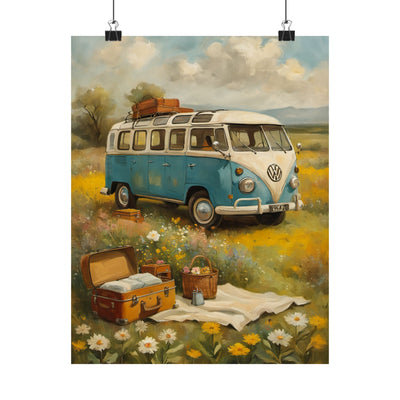 Nostalgic Van Matte Vertical Posters featuring a vintage blue van in a field with flowers and luggage