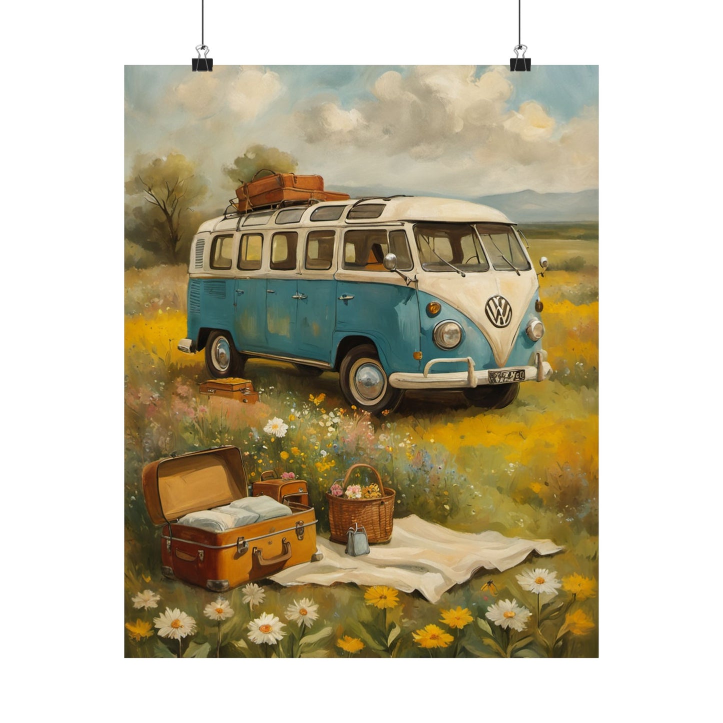 Nostalgic Van Matte Vertical Posters featuring a vintage blue van in a scenic meadow setting